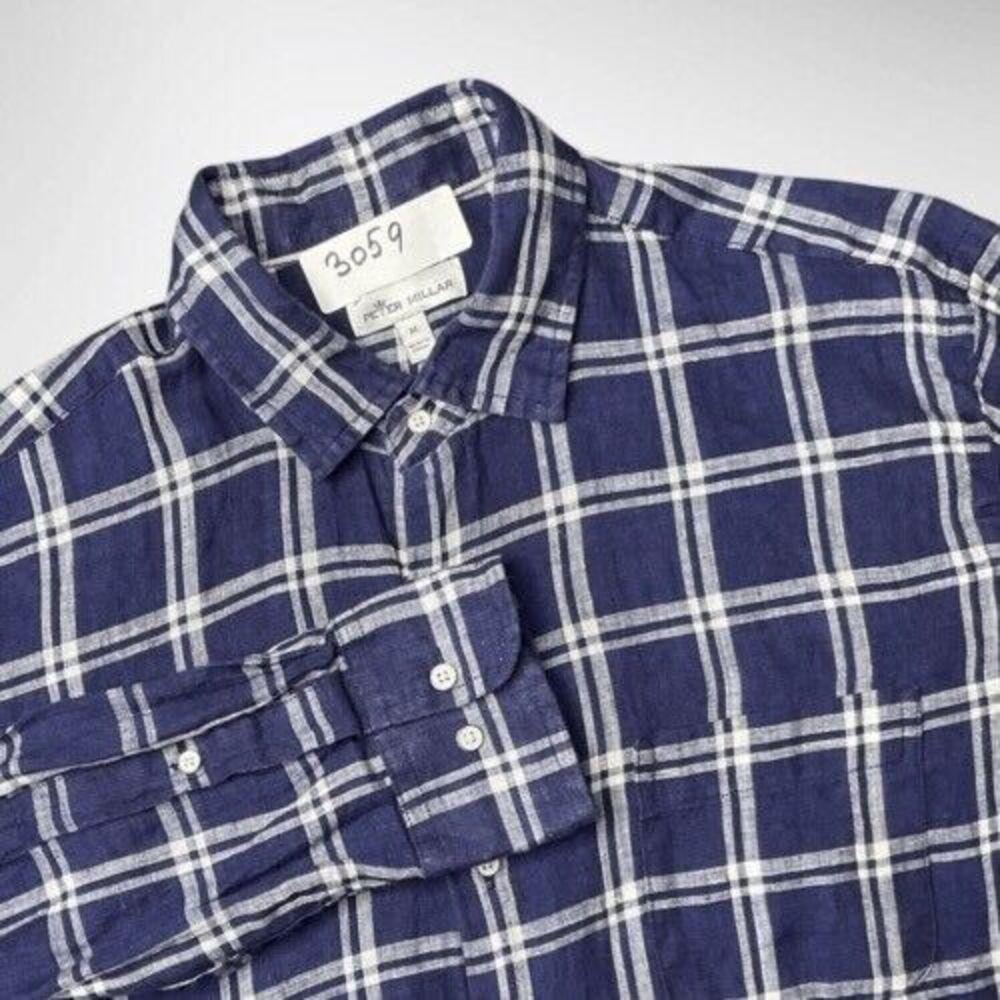 Peter Millar‎ Crown Cool Button Up Casual Shirt Men Size Medium Plaid 100% Linen